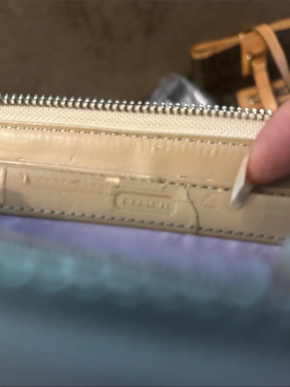 Coach Khaki/Tan Signature Continental Wallet with Heart Charm